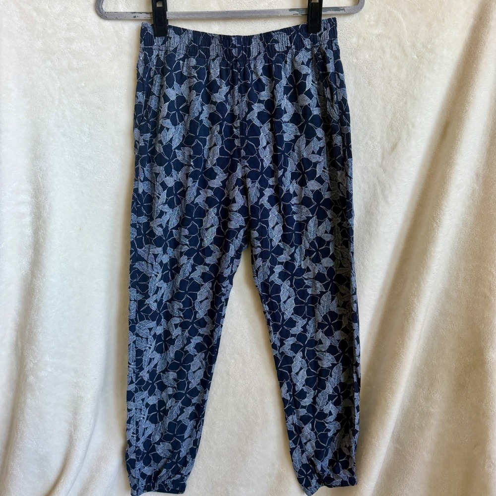 Uniqlo Navy Gray Floral Print Jogger Pants Size S Elastic Waist Rayon Pull On